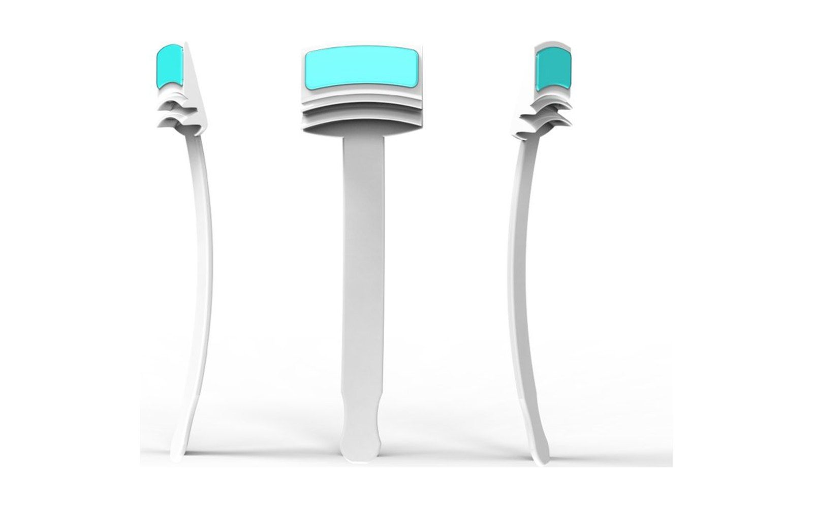 Three views of the alivo tongue scraper, white with a turquoise film.