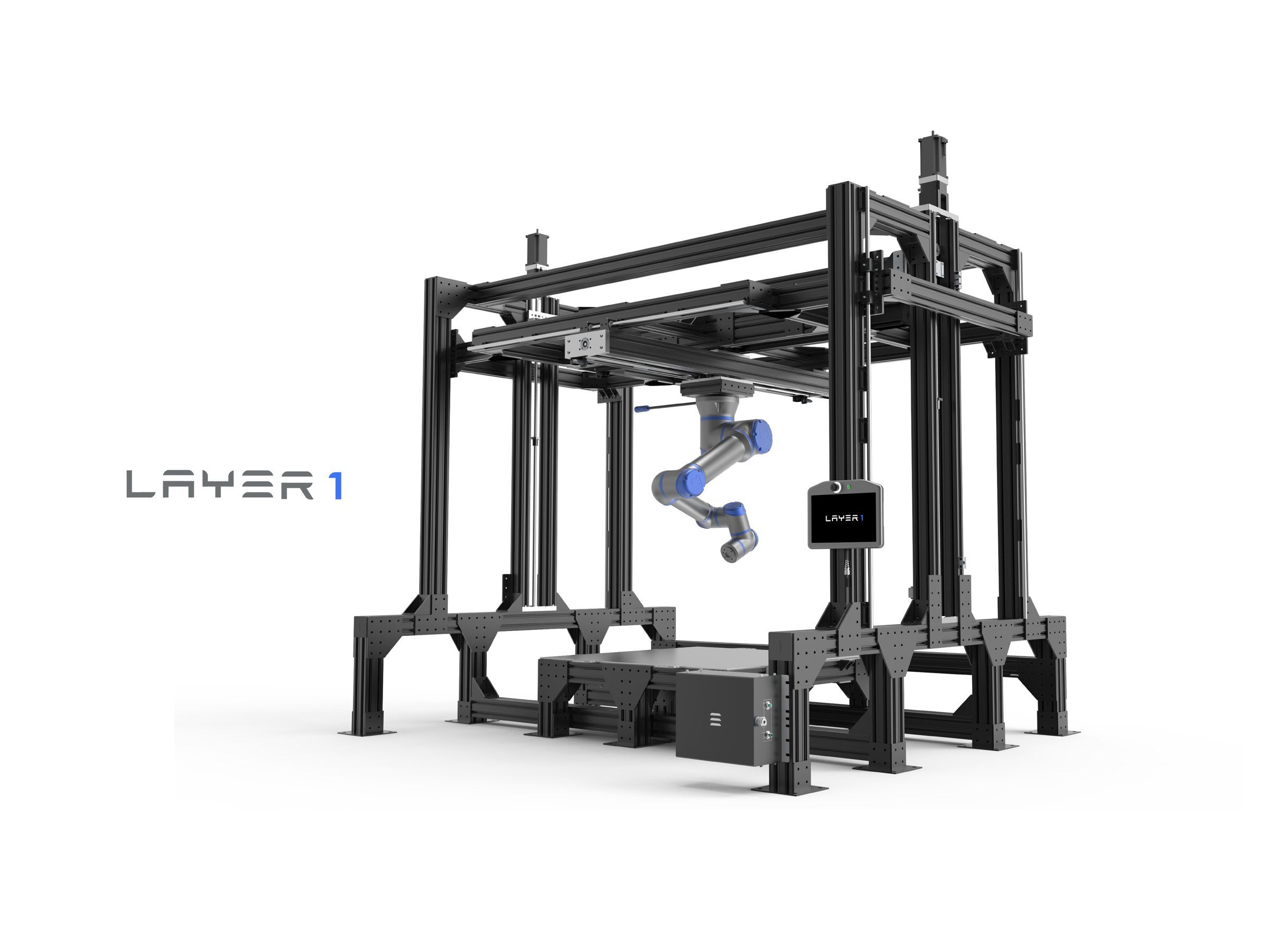 A render of the LAYER1 metal 3D printer, a large gantry machine over a build plate.