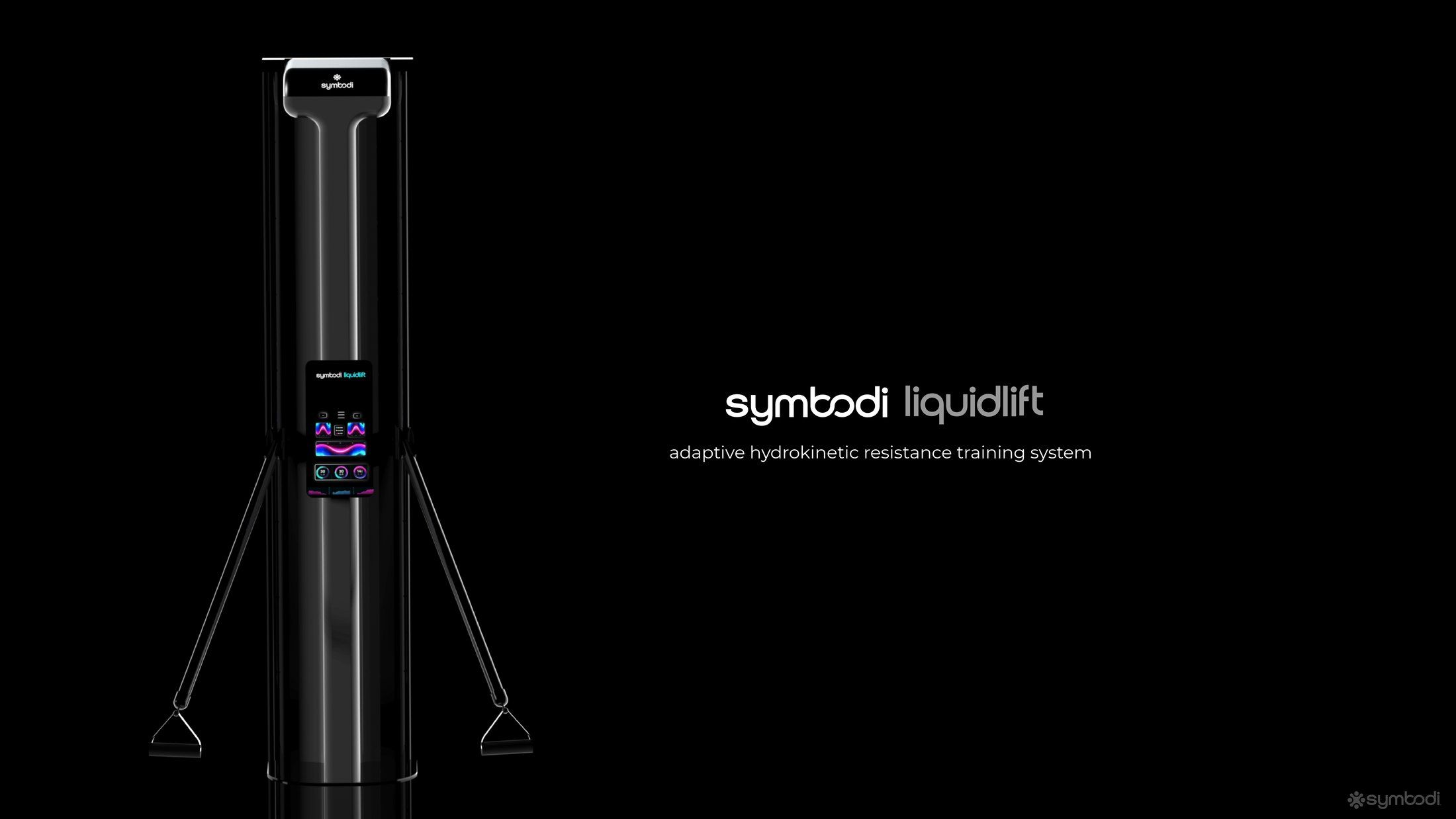 A render of LiquidLift, a tall black resistance training column with a screen and two cable handles.