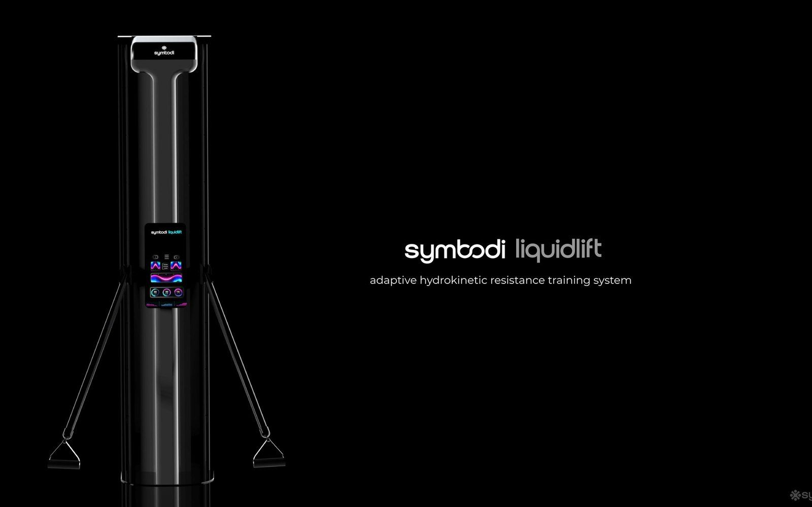 A render of LiquidLift, a tall black resistance training column with a screen and two cable handles.