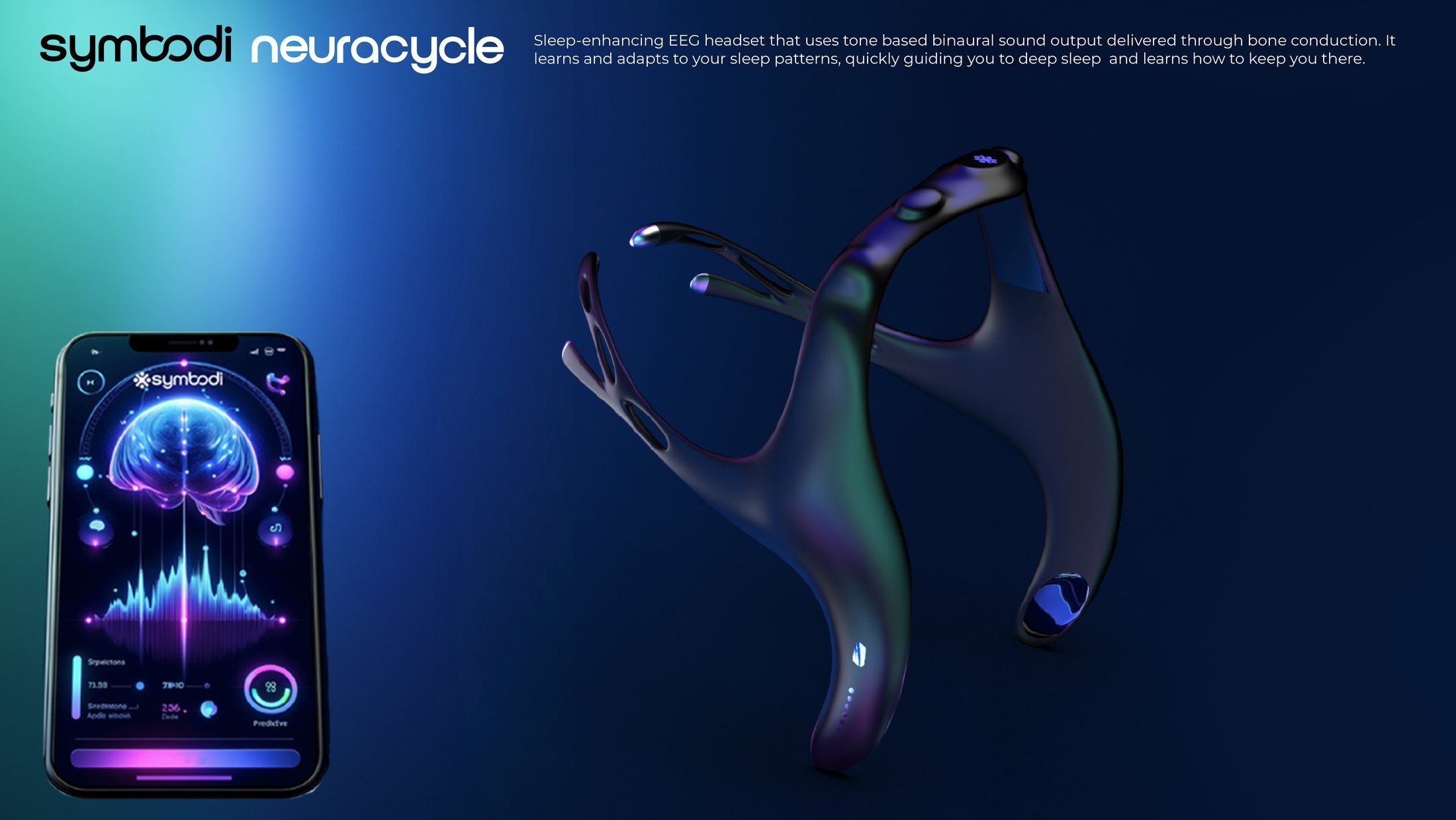 A render of the NeuraCycle headset beside a phone showing its sleep app.