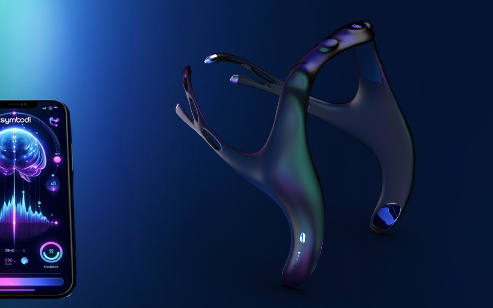 A render of the NeuraCycle headset beside a phone showing its sleep app.