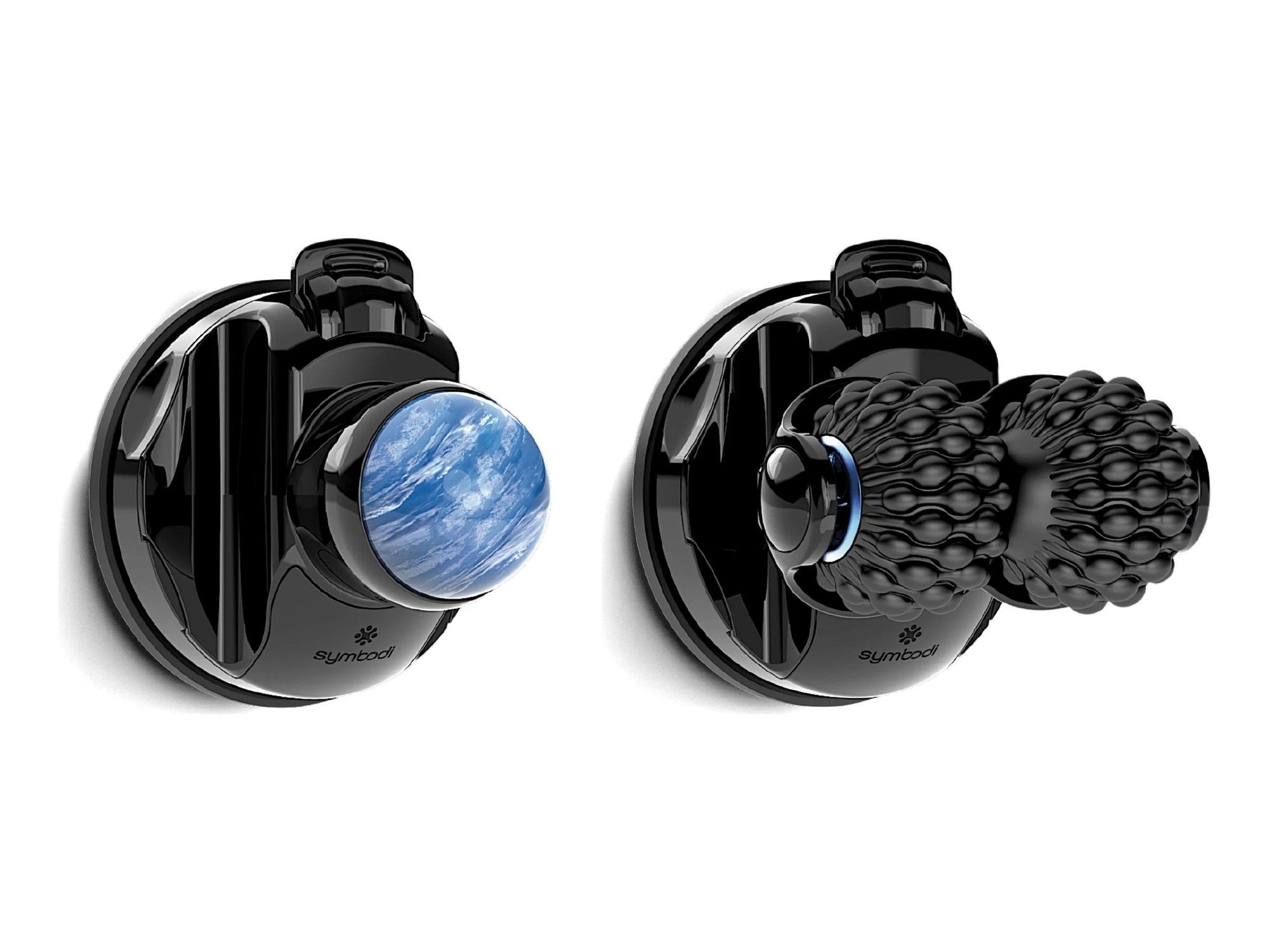 Studio renders of the black Vertiball and Vertiroller, side by side on their wall mounts.