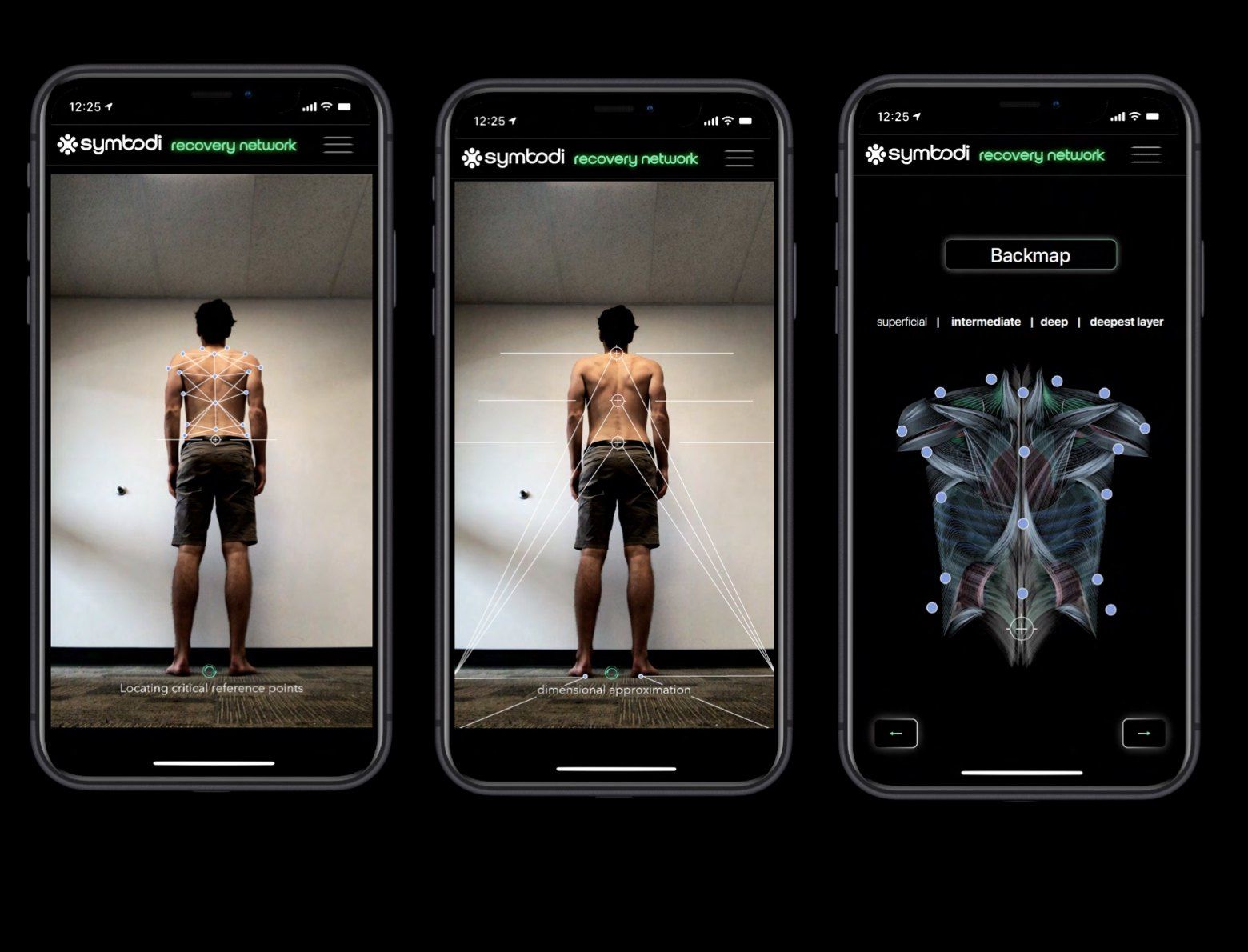 Three phone screens from the Symbodi Recovery Network, locating reference points on a person's back and building a personal back map.
