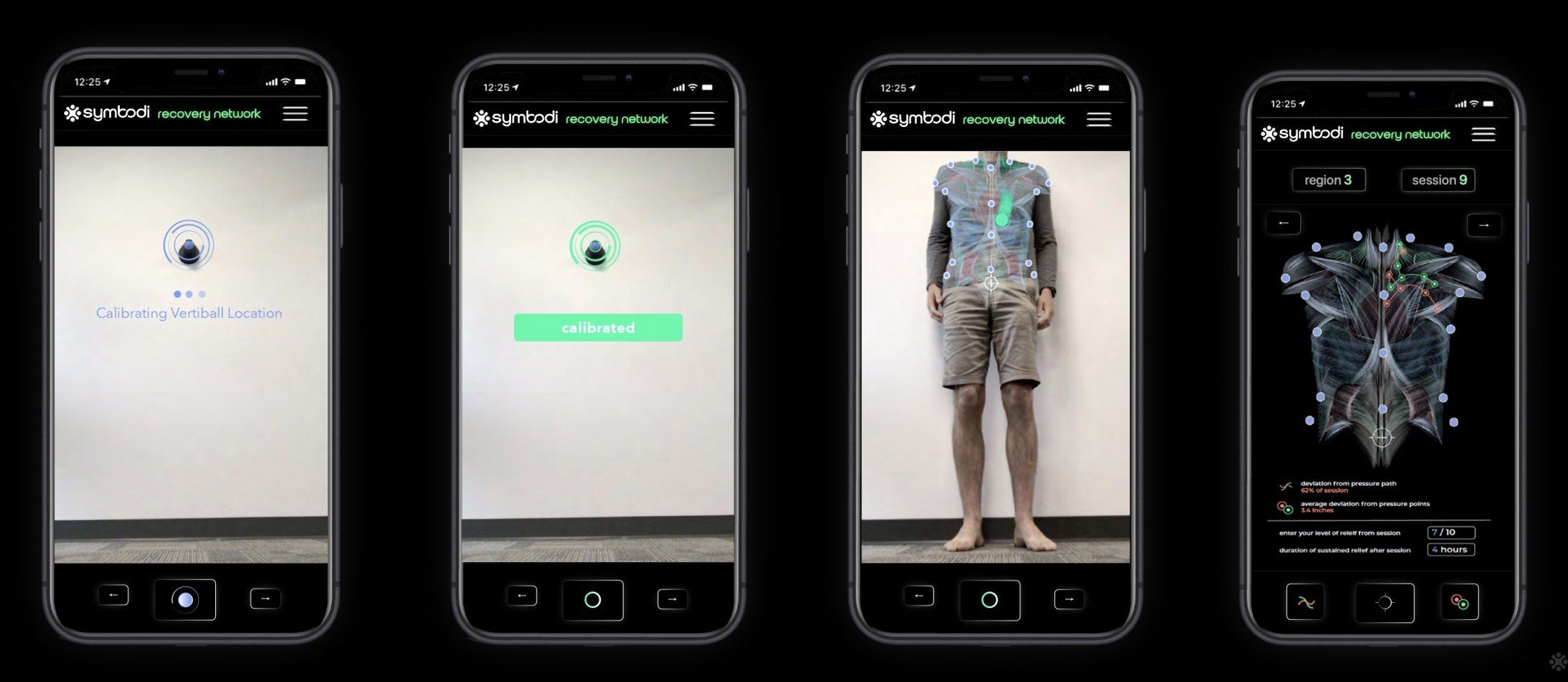 Four phone screens in a row, from calibrating the Vertiball's position on the wall to tracking a session over a live camera view and reviewing a muscle map.