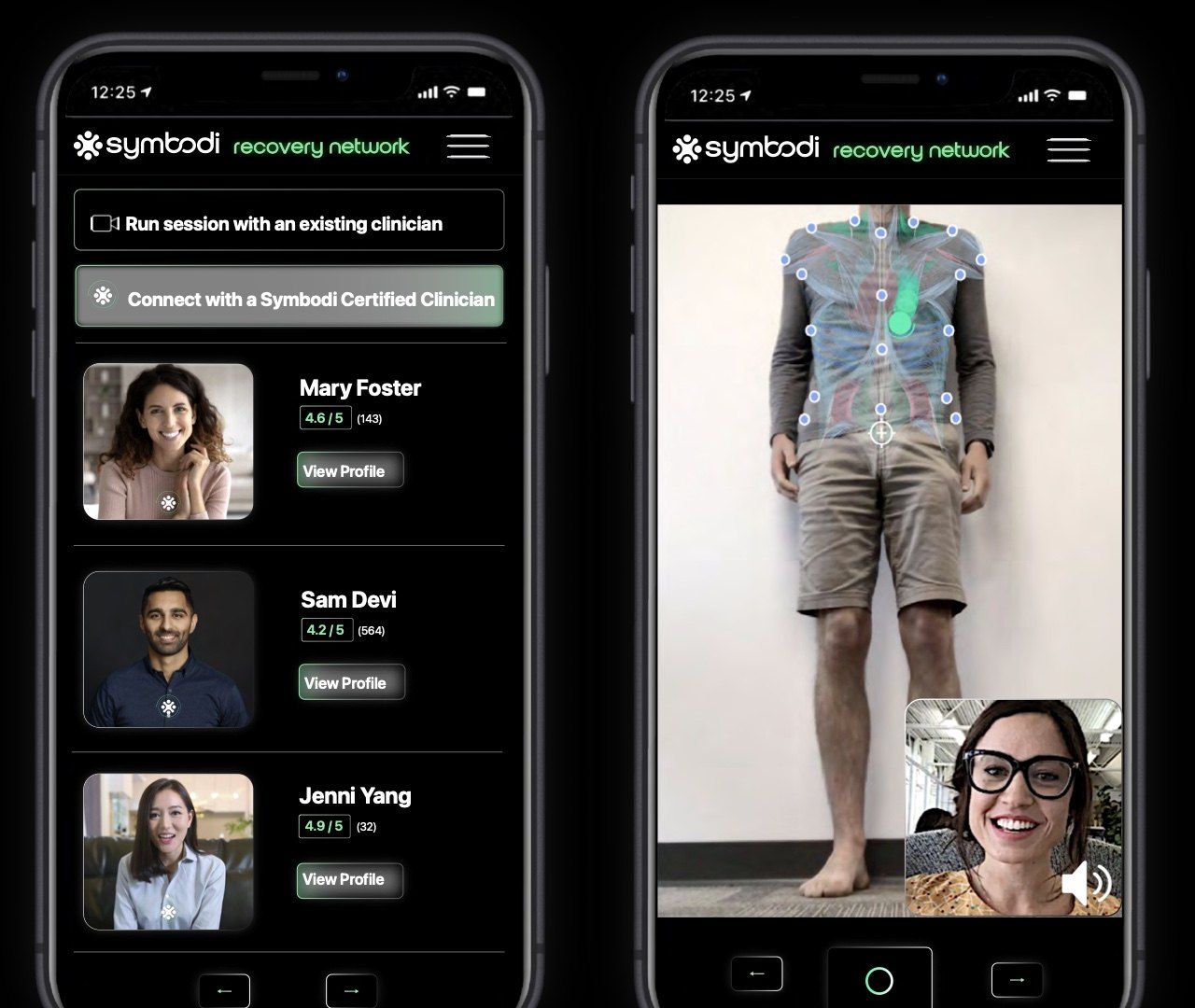 Two phone screens, one listing certified clinicians with ratings, the other a live session with a clinician on video.