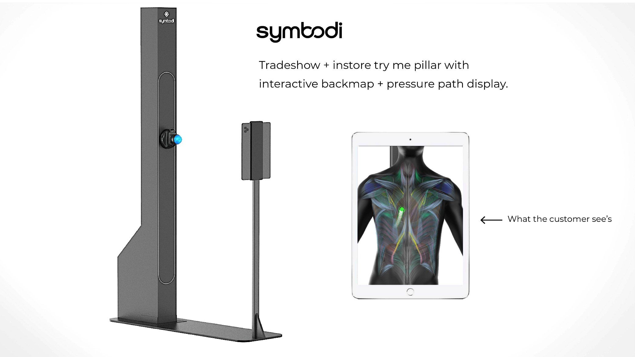 A floor-standing TryMe pillar with a mounted Vertiball, beside a tablet showing an interactive back map.