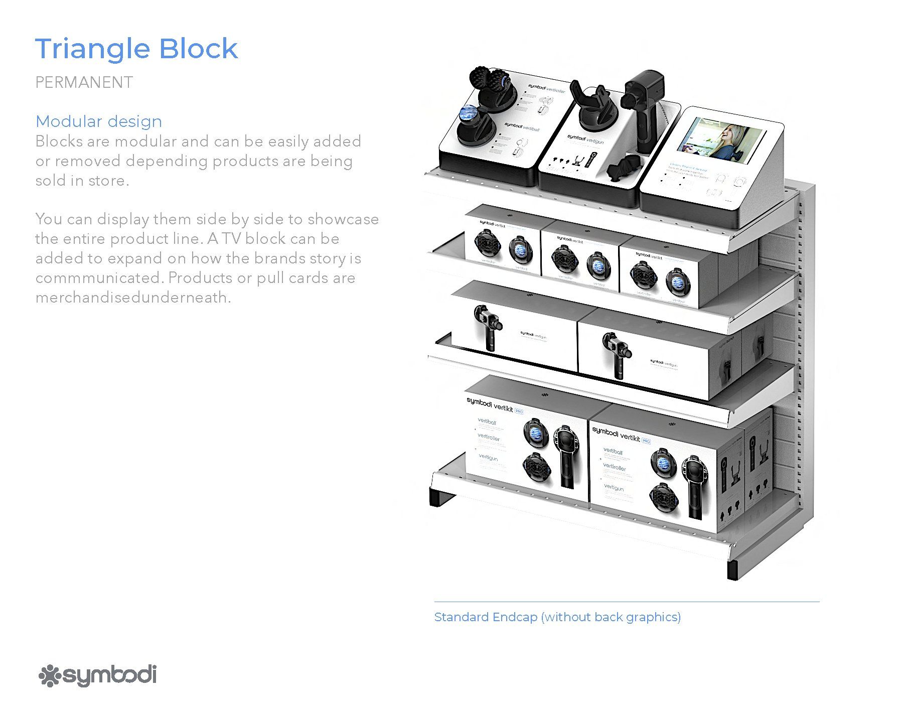 A render of the Triangle Block display shelving, stocked with Symbodi products.