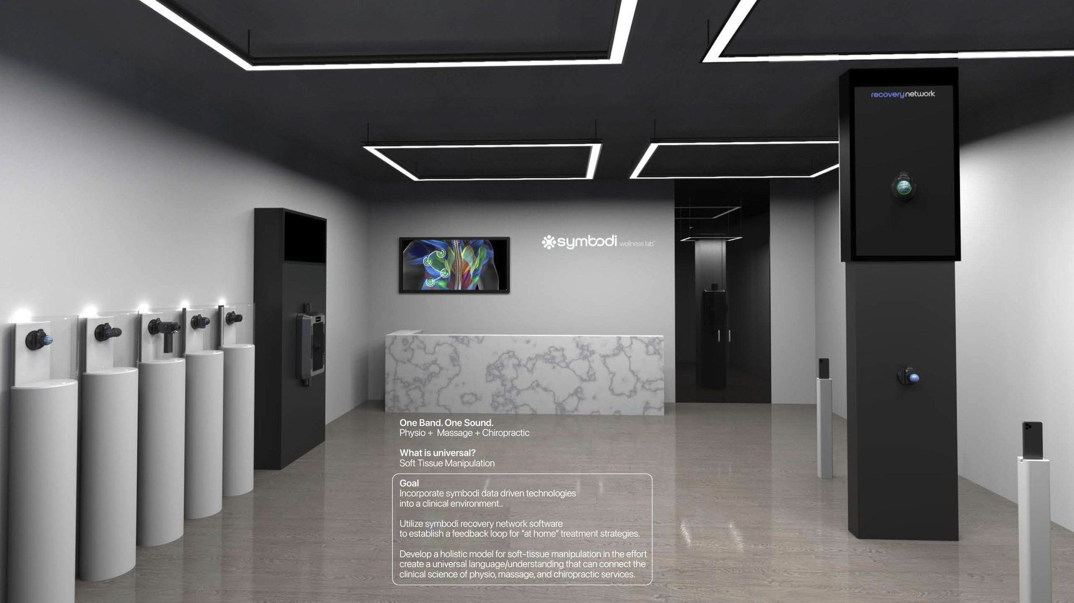 A render of a clinic interior with Symbodi products mounted on pillars and a back map on a screen.