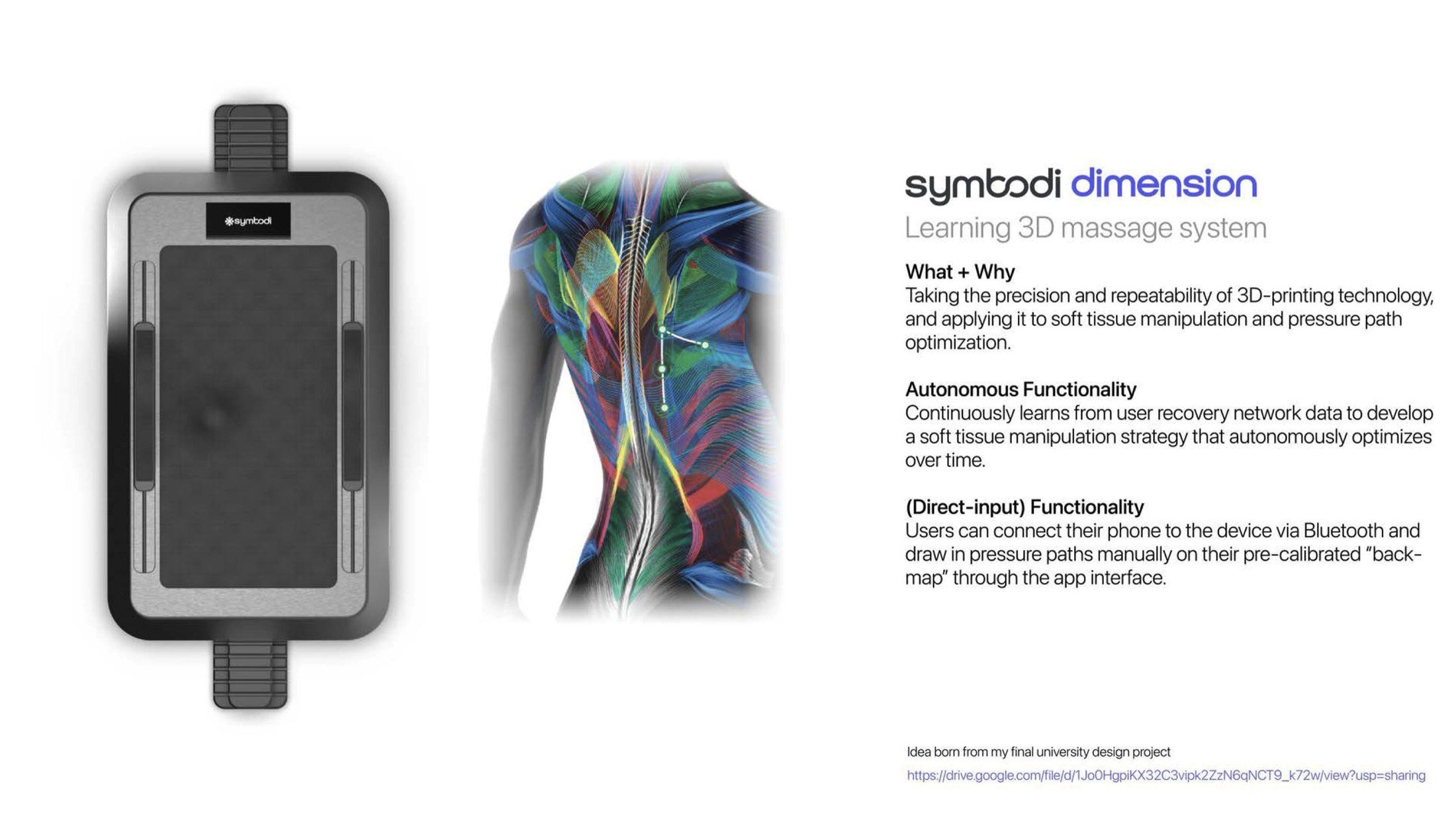 A concept render of Symbodi Dimension, a flat 3D massage device, beside a coloured muscle map.