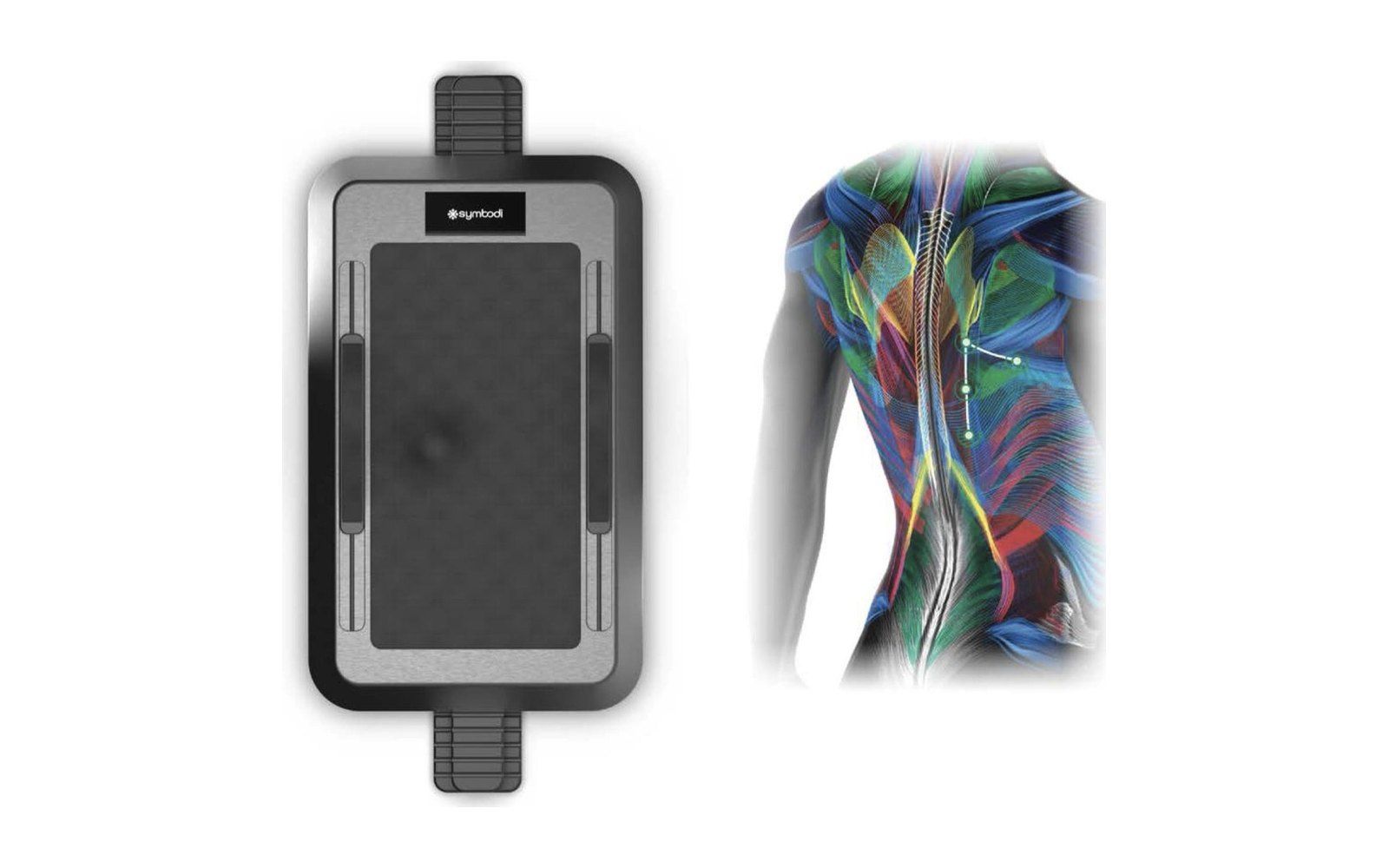 A render of Symbodi Dimension, a flat massage pad, beside a coloured muscle map of a back.