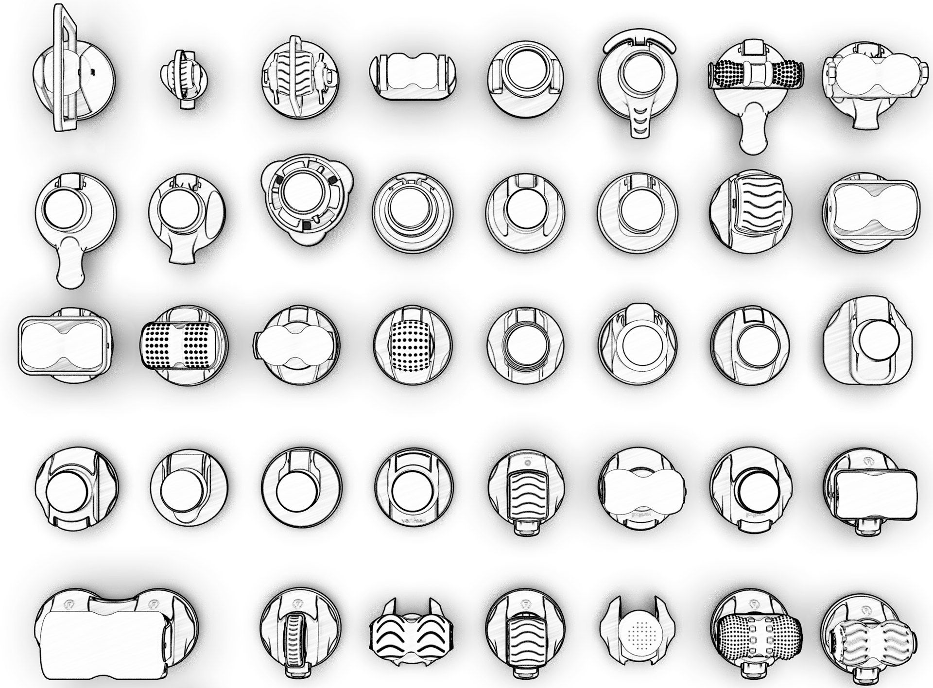 A sheet of dozens of Vertiball design variations laid out in rows.