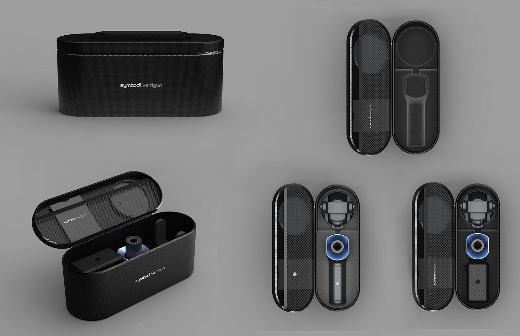 Renders of the Vertigun carrying case, open and closed.