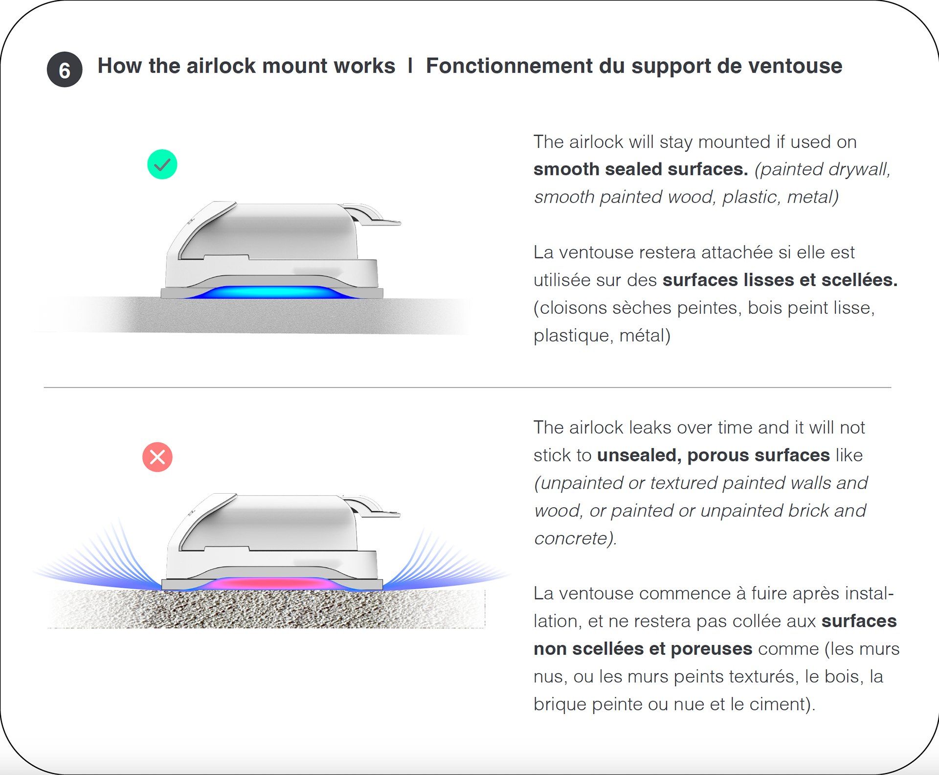 A page from the user guide explaining how the airlock suction mount seals to a wall.