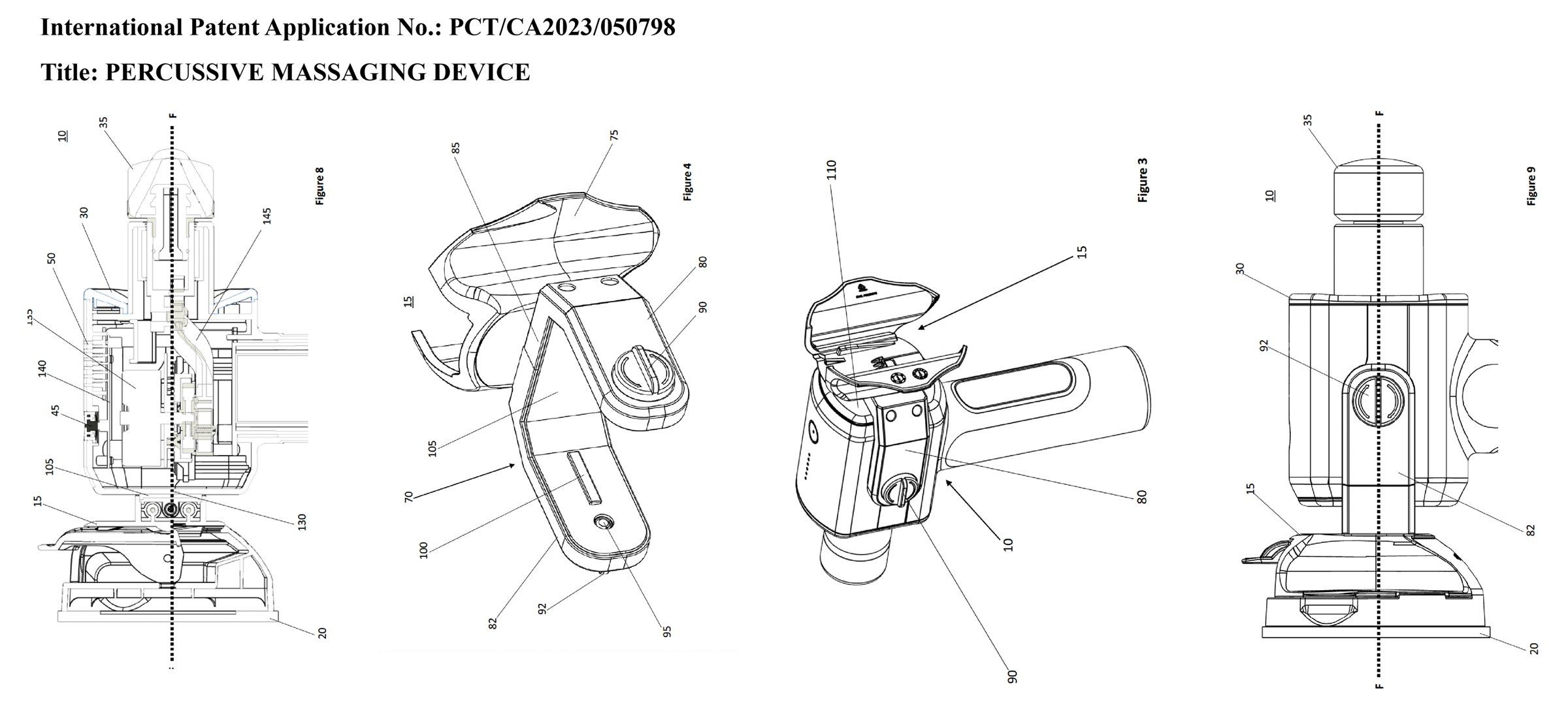 Line drawings from the PCT patent application for the percussive massaging device.
